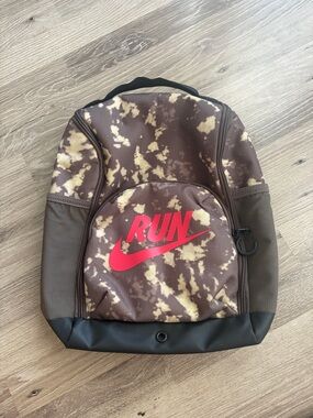 Nike Brown Camouflage Backpack with Red RUN Swoosh